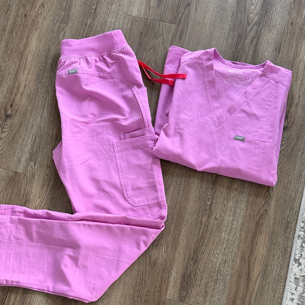 Figs Pink V-Neck Scrub Top and high waisted wide leg Cargo Pants Set